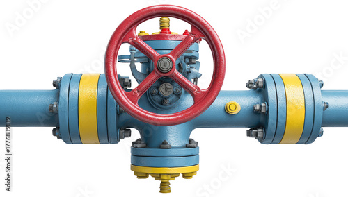 Industrial pipeline valve with a large red handwheel.  Colorful components