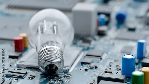A lightbulb placed atop a intricate circuit board, symbolizes innovative technology blending with traditional design for future solutions and progress