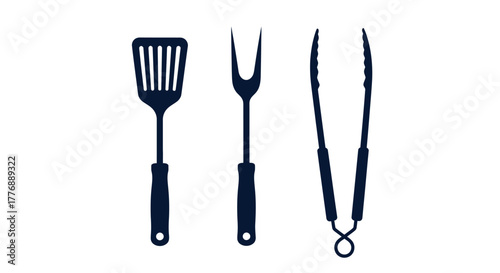 Simple illustration depicting a spatula fork and tongs in dark blue
