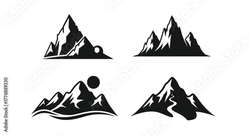 Black and white mountain range designs with sun and water elements