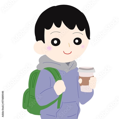 学生がリュックを背負いながら片手にコーヒーカップ
