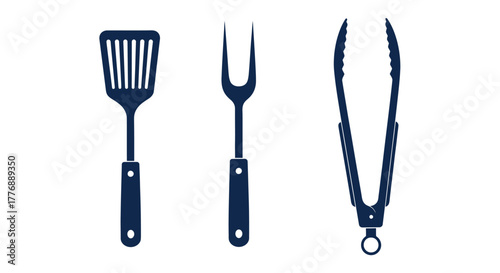 Simple illustration of a spatula fork and tongs in dark blue tones