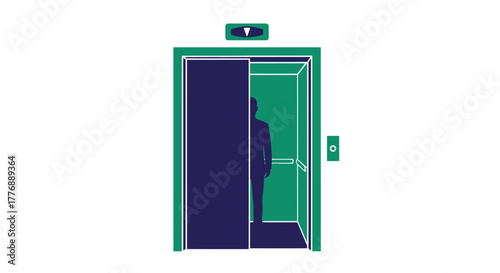 Stylized illustration of an open elevator door with a person inside