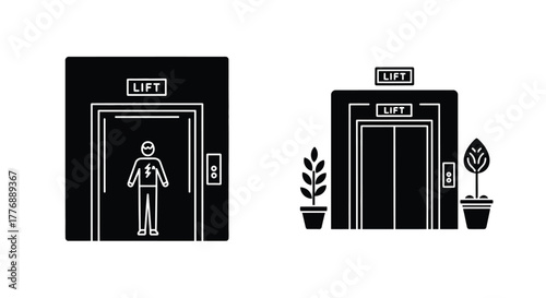 Black and white illustration depicting two elevator doors with people and plants