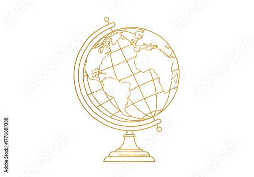 Global Exploration: An illustrative, gold-colored globe, meticulously detailed, sits in isolation, poised to symbolize exploration and world understanding. 