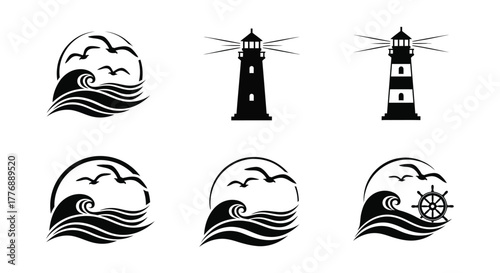 Black and white nautical icons featuring lighthouses waves and birds