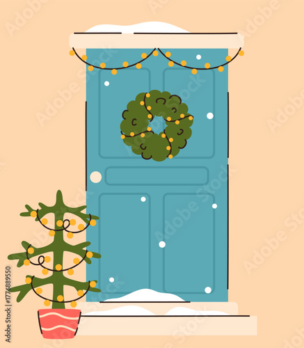 A door decorated with a Christmas wreath.