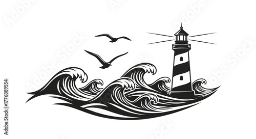 A striking illustration of a lighthouse amidst stormy ocean waves and birds