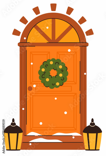 Orange door decorated with a Christmas wreath.