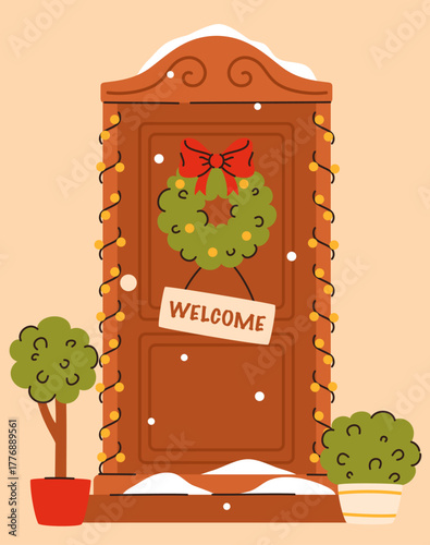 Wooden door decorated with a Christmas wreath.