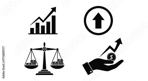 Financial growth balance and legal justice icons in a black and white design
