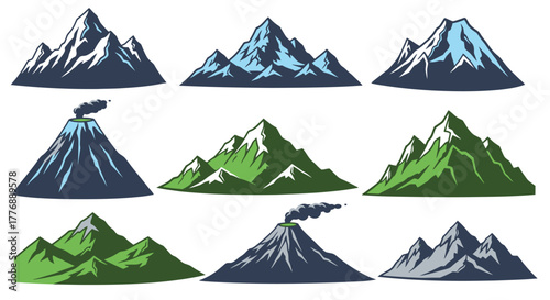 Collection of colorful mountain and volcano illustrations in a graphic style
