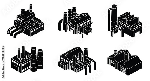 Isometric industrial complexes with smokestacks and factory structures illustration
