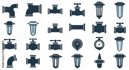 Variety of industrial valves fittings and filters in a dark blue style