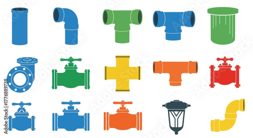Collection of colorful plumbing fittings and valves isolated on white background