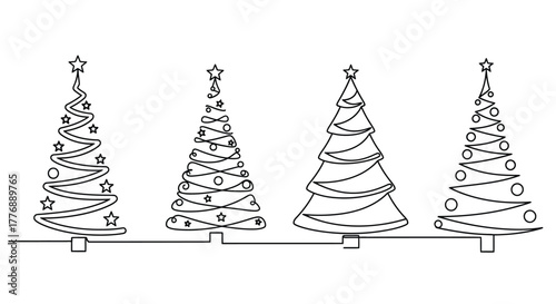 Simple line art illustration depicting four christmas trees with stars