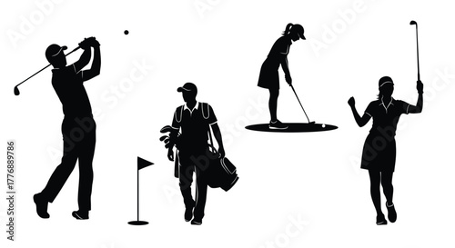 Silhouettes of golfers in various poses with golf equipment visible