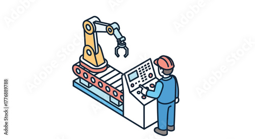 Industrial robotic arm and factory worker operating machinery in automation process