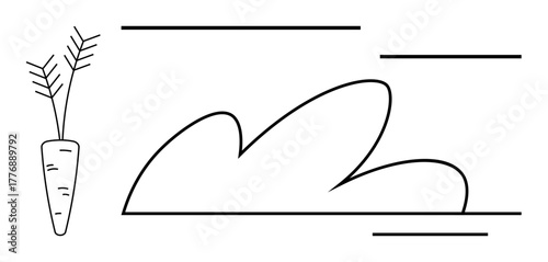 Carrot with leaves alongside stylized bush and simple abstract horizontal lines. Ideal for agriculture, farming, gardening, nature, simplicity, organic products, sustainability, conveying a clean