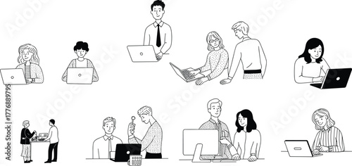 Computer work illustration set, black and white office activity icons, teamwork and solo tech scenes, digital workplace concept, isolated white background