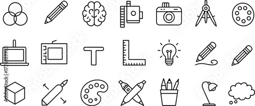 Creative tool icon set, black and white design symbols, technical drawing elements, minimalist sketch grid, art and engineering concept collection