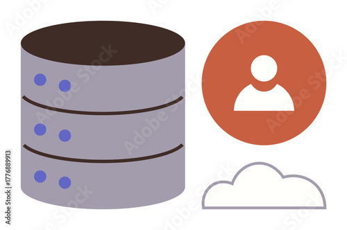 Stacked database, user profile icon, and cloud outline representing data storage, user access, cloud computing. Ideal for IT, networking, cloud solutions, technology data management security