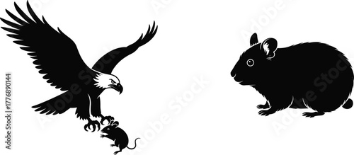Eagle and rodent silhouettes, predator prey icons, wildlife contrast graphics, black nature design, food chain symbols, minimal vector set