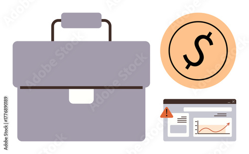 Purple briefcase, dollar sign emblem, and analytics chart highlight workplace essentials. Ideal for finance, investment, strategy, decision-making, corporate culture marketing productivity. Simple