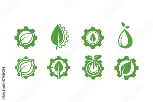 Green leaf and gear icons representing eco friendly industry and sustainability.eps