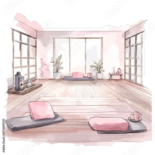 Watercolor Zen Yoga Studio Interior Vector Clipart
