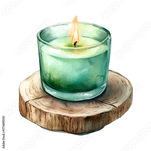 Watercolor Burning Candle in Glass Holder on Wood Coaster Vector Clipart
