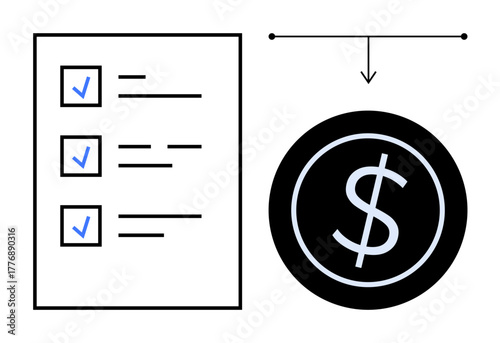 Checklist with blue checkmarks connected to a large dollar symbol. Ideal for task management, budgeting, financial planning, workflow, goals, accountability, teamwork. Simple flat metaphor