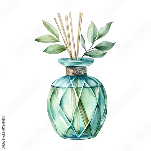 Watercolor Green Reed Aroma Diffuser Vector Clipart Illustration
