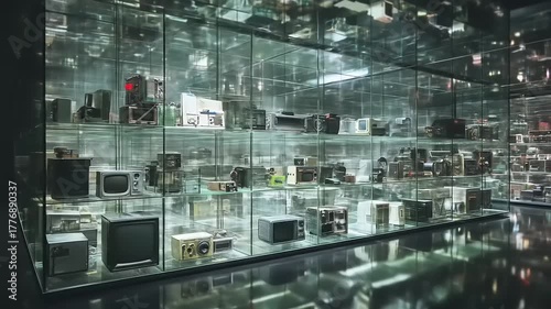 A Captivating Museum Display Showcasing Vintage Electronic Devices Encased in Sleek Glass Cubes, Evoking Nostalgia and Technological Evolution