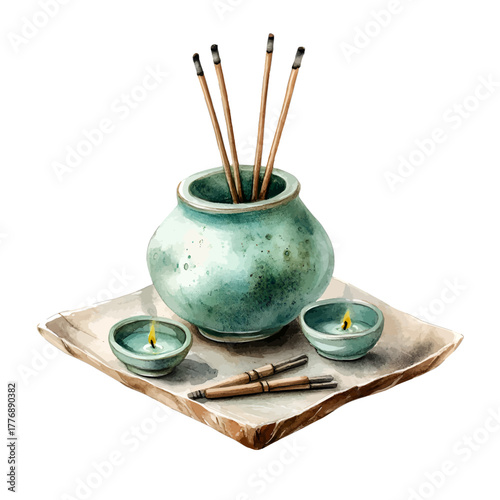 Watercolor Incense Burner and Candles Zen Clipart Vector
