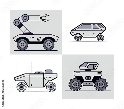 Futuristic Unmanned Ground Vehicle Silhouette Set – Modern Military Transport Icons