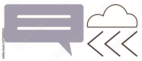Speech bubble with horizontal lines representing communication paired with cloud and arrows for data transfer. Ideal for cloud technology, messaging, connectivity, collaboration, IT concepts