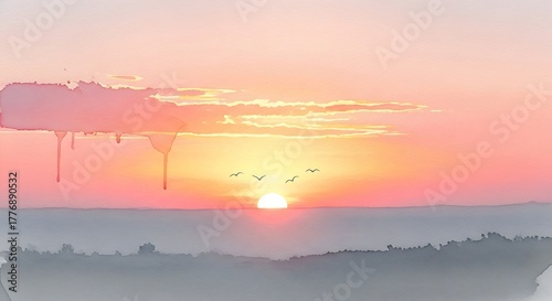 Sunrise serenity watercolor painting landscape with birds flying free