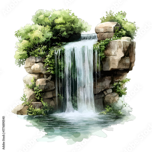 Watercolor Lush Forest Waterfall Clipart Vector Illustration
