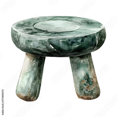 Watercolor Green Marble Three-Legged Stool Vector Clipart
