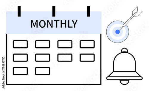 Calendar highlighting a monthly schedule with a notification bell and a target icon. Ideal for planning, reminders, productivity, goals, organization, time management, and focus. Clean and simple