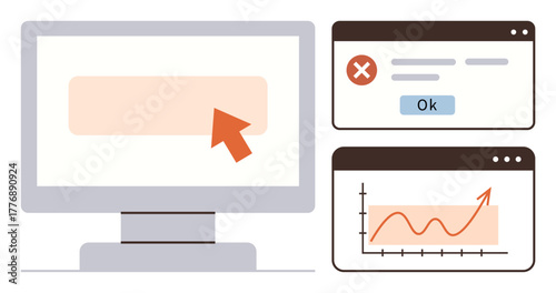 Desktop screen with cursor, two browser windows showing a pop-up box with an error and an upward line graph. Ideal for technology, analysis, productivity, data, troubleshooting, progress