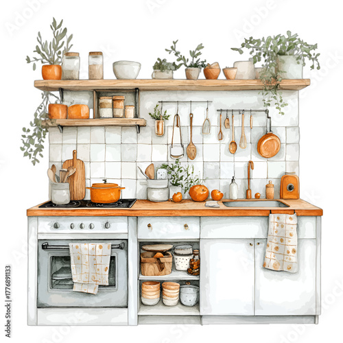 Cozy Farmhouse Kitchen Interior Watercolor Vector Clipart
