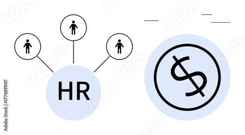 HR circle linked to person icons representing employees, adjacent to dollar sign icon. Ideal for employee management, payroll, workforce, human resources, hiring, business tasks. Simple flat