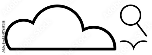 Cloud outlined with a magnifying glass and abstract bird. Ideal for technology, research, cloud computing, search solutions, data exploration, innovation, digital transformation. Simple flat metaphor