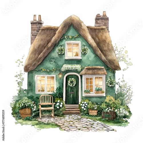 Quaint Irish Cottage Watercolor Clipart Vector Illustration
