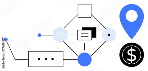 Abstract interconnected shapes, dollar sign, and location mark representing processes, business systems, and finance. Ideal for workflow, operations, logistics, technology finance strategy modern