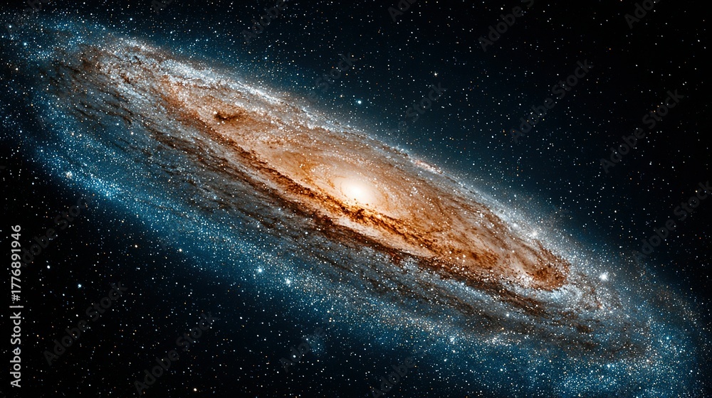 Fototapeta premium Galaxy with spiral arms and bright center in a dark starry space.