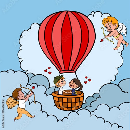 Hand-drawn illustration of two lovers flying in hot air balloon falling in love with cute cupids and fluffy clouds. Romantic Valentine’s Day