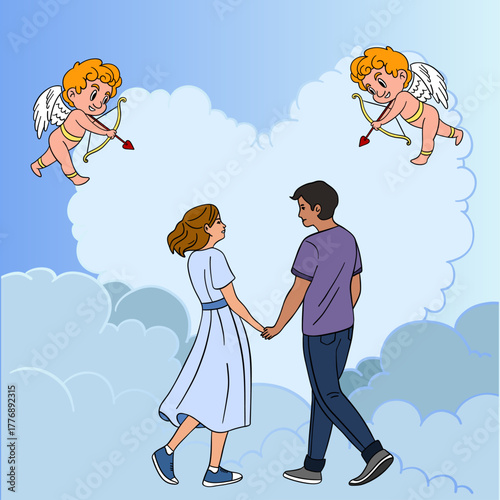 Hand-drawn illustration of two lovers falling in love with cute cupids in the clouds. Romantic and dreamy Valentine’s Day